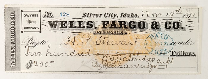 Owyhee Mining Co. Wells, Fargo & Co. Check, 1871 [193660]