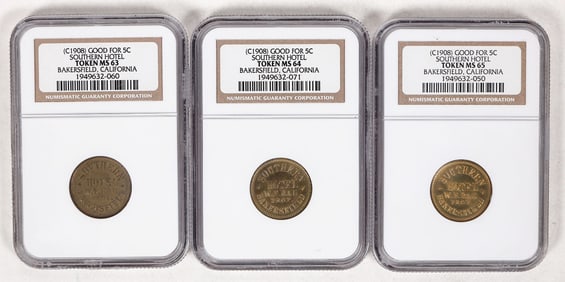 Southern Hotel Tokens: MS 63, 64, 65 (3) [192218]