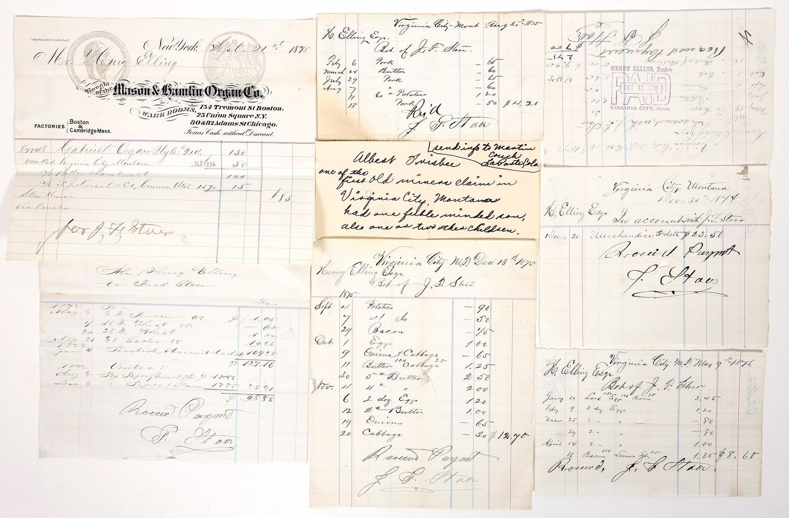 Virginia City, Montana Ephemera Group, 1874-1876 [193627]: A group of 8 transaction records and other pieces of ephemera from the collection of J. Fred Stoer, a Montana resident, dated 1974-1876. One from Mason & Hamlin Organ Co. with nice letterhead. ^Date: