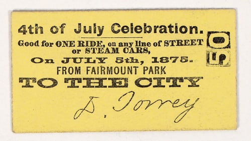 Fairmount Park Steam Car Ticket: July 5th, 1875 [193598]