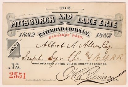 Pittsburgh & Lake Erie Railroad Pass 1882 [180026]