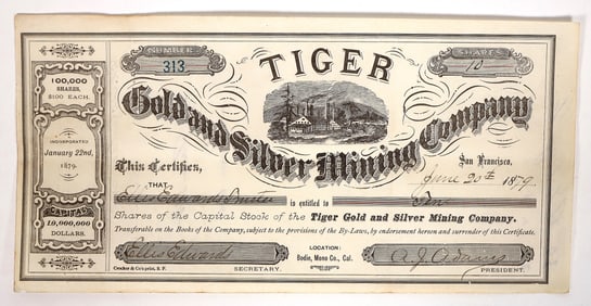 Tiger Gold and Silver Mining Stock, Rare, 1879 [192824]