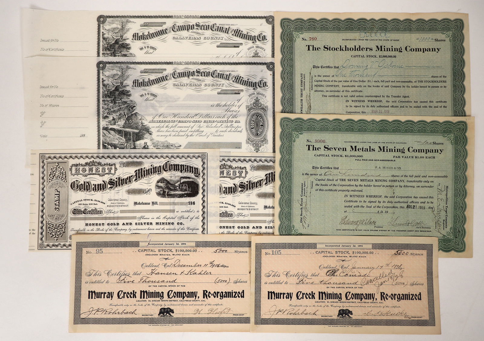 Calaveras Mining Stock Certs (8) [192970] (1 of 1)