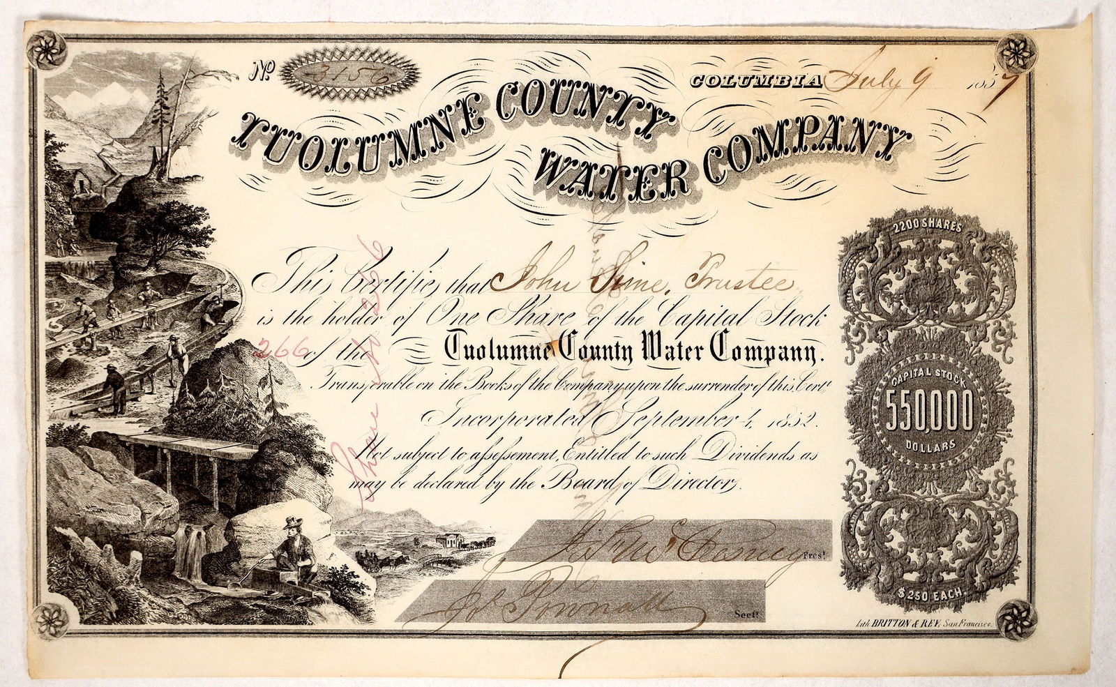 Tuolumne County Water Co. Stock, John Sine Signature [192204] (1 of 1)