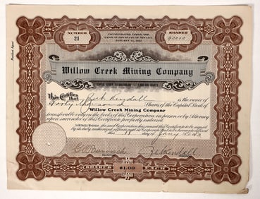Zeb Kendall Signed Willow Creek Mining Company Stock [193612]