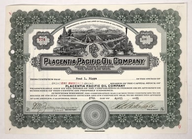 Placentia Pacific Oil Company Stock Cert [191796]