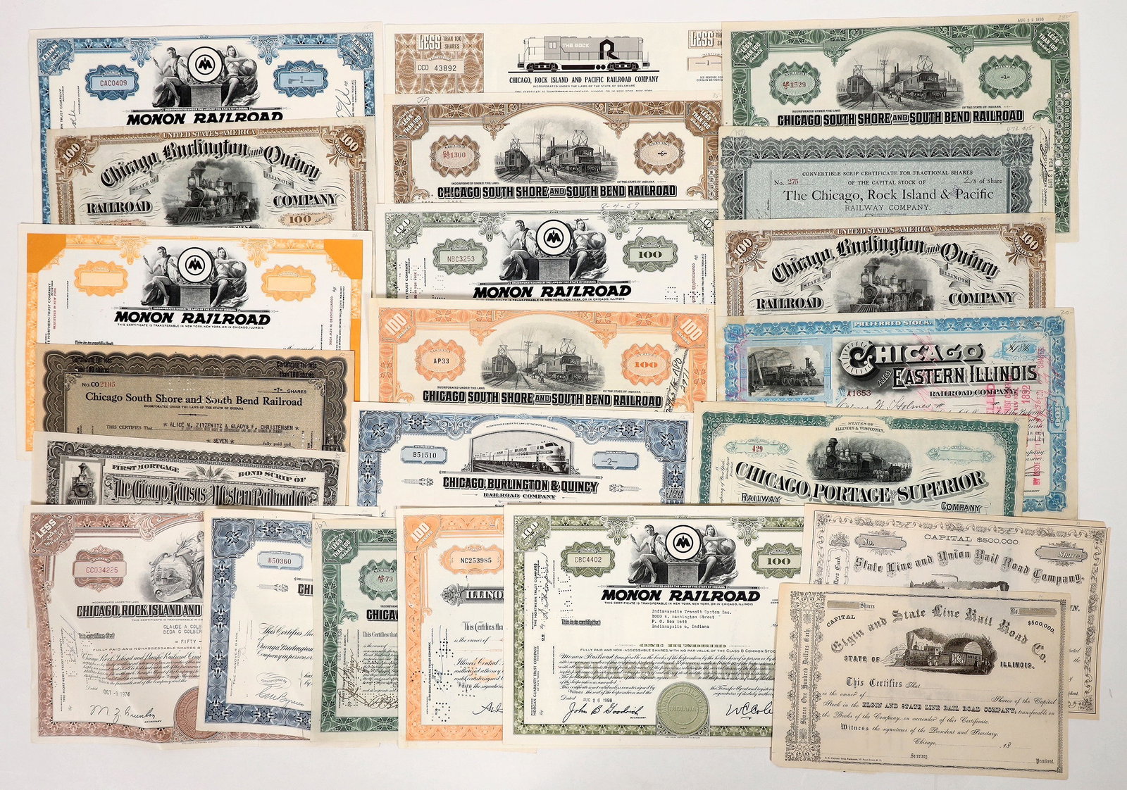 Chicago Railroad Stocks Collection, 24 [192090]: 4 c. 1890-1966 mostly older Chicago Railroad stocks. Elgin and State Line Rail Road, Monon, Chicago and Eastern Illinois, Chicago Rock Island & Pacific, Chicago Burlington & Quincy, Illinois Central, 