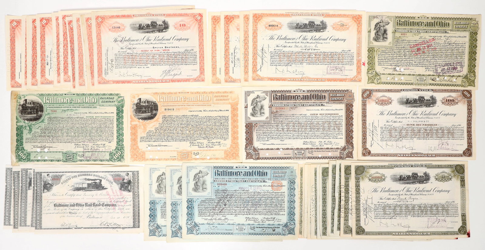 Baltimore and Ohio RR Stock Collection, 10 Different, 30 [193937]: 1 orange and 1 brown unissued. Issued-1x brown 1922, 13x olive 1913-20, 3x blue 1900, 1x olive 1899, 5x black 1891, 1x green 1900, 4x orange 1914-20, 13x red 1901-26.^Date: Country(if not USA): State: