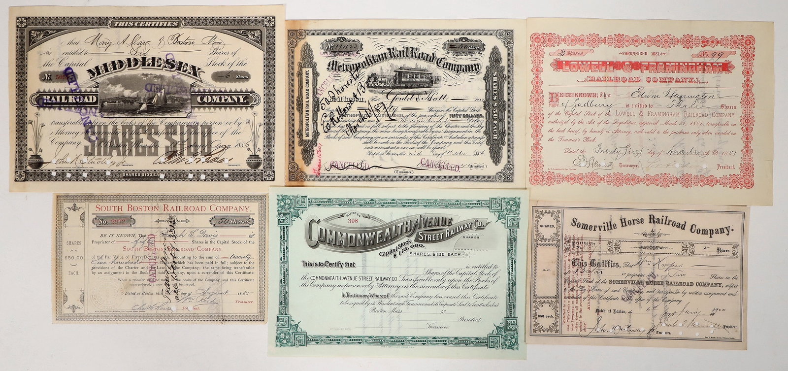 Massachusetts RR Stocks, 5, 1881-1900 [192613]: Issued-1886 Metropolitan RR-left toning, 1900 Somerville Horse RR, 1886 Middlesex, 1885 South Boston, 1881 Lowell & Framingham. Unissued Commonwealth Avenue Street RW.^Date: Country(if not USA): State