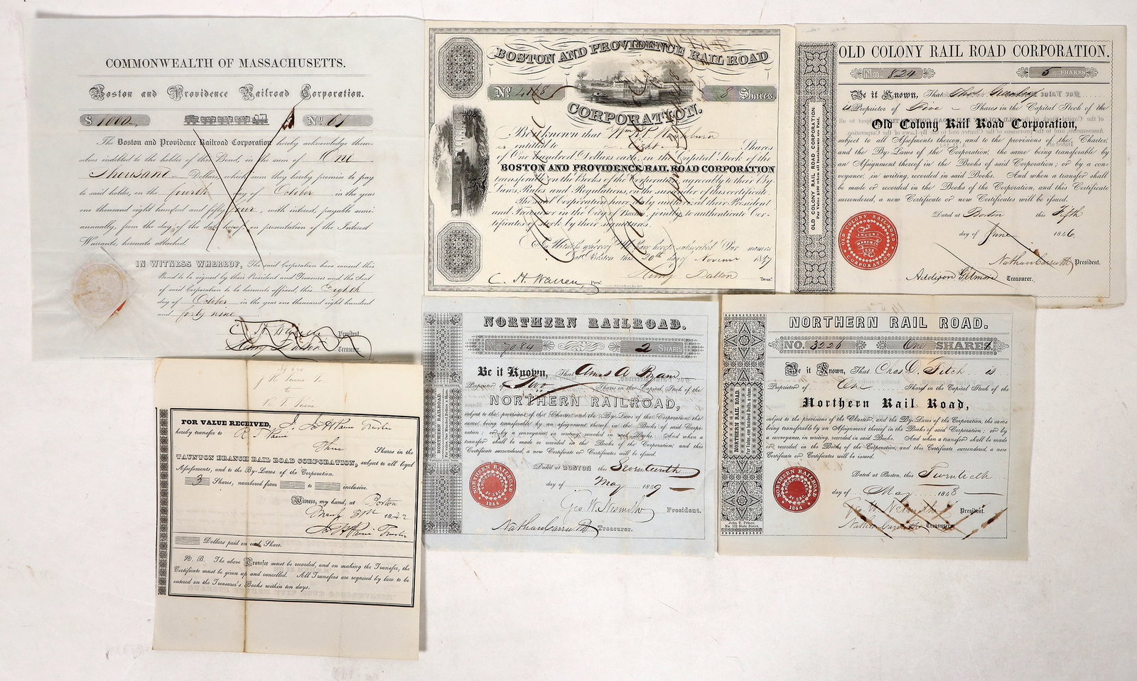 Massachusetts RR Stocks, 6 Different, 1840's [192787]: 1842 Taunton Branch, 1847 and 1849 Boston and Providence, 1846 Old Colony, 1848 and 1849 Northern RR.^Date: Country(if not USA): State: MassachusettsCity: Provenance: Ken Prag Collection
