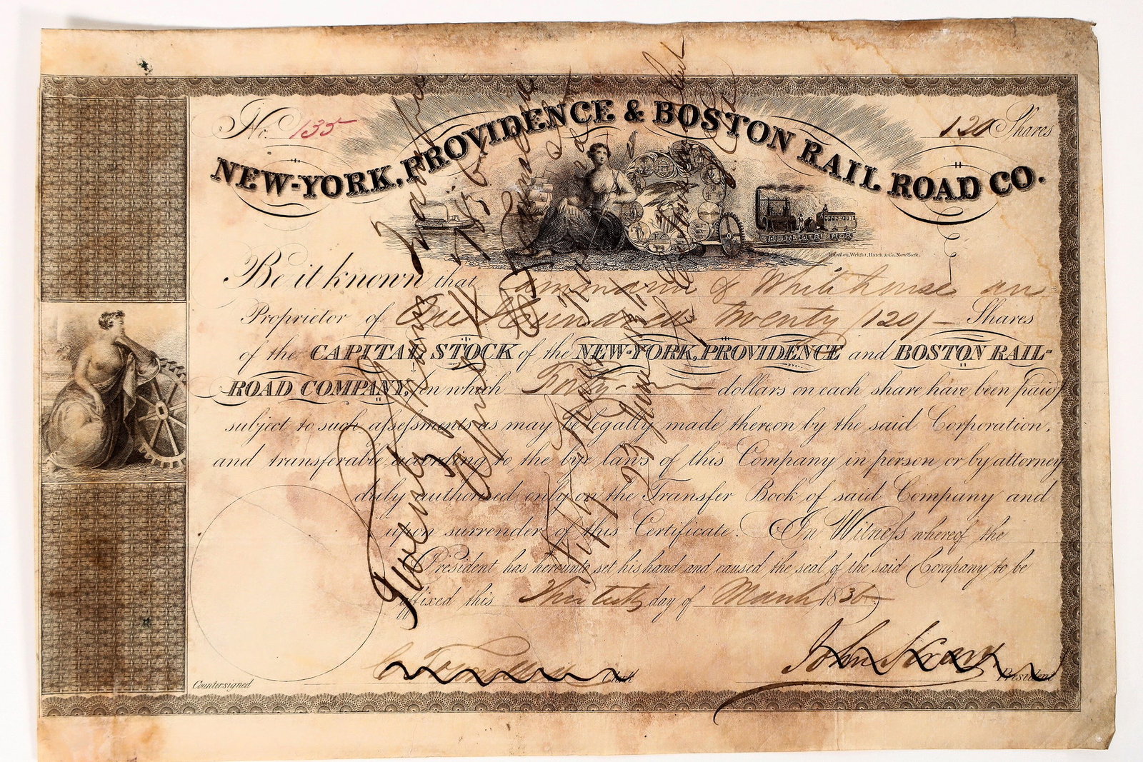 New York Providence & Boston RR Co. Stock 1837 [194090]: Issued 1837 New York Providence & Boston Rail Road Co. stock. Toning and upper right small holes and water stain. Please inspect.^Date: Country(if not USA): State: New YorkCity: Provenance: Ken Prag C
