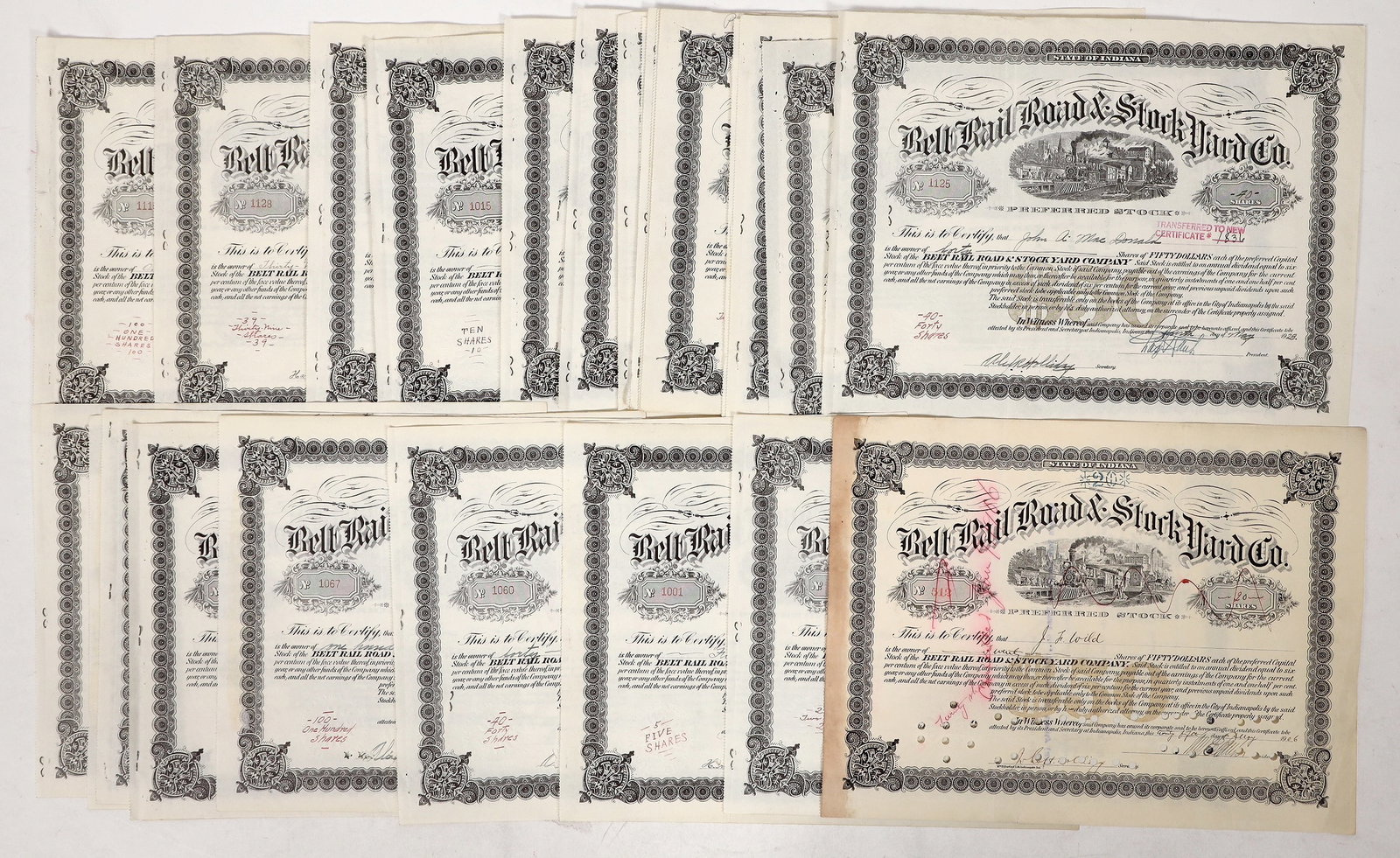 Belt Road & Stock Yard Stocks, 1906-29, 25 [192781]: About 25 1906-29 Belt Road & Stock Yard stocks.^Date: Country(if not USA): State: City: Provenance: Ken Prag Collection