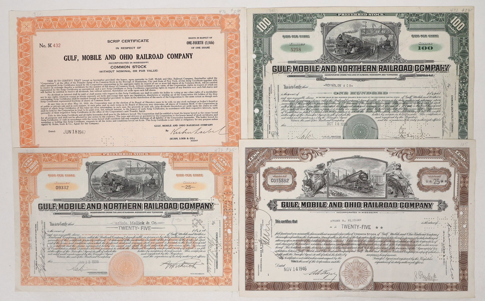 Gulf, Mobile and Northern RR Stocks, 4 Different [192341]: Issued 1933 green, 1939 and 1947 orange, 1946 brown. ^Date: Country(if not USA): State: City: Provenance: Ken Prag Collection
