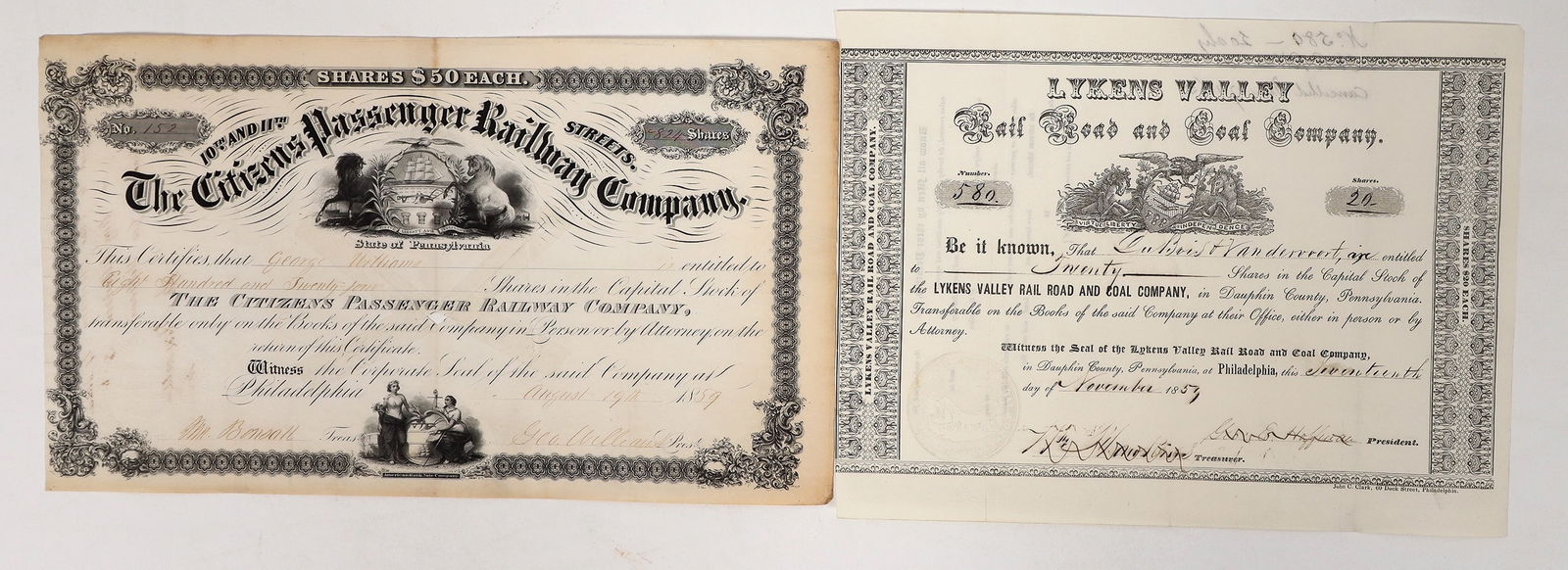 Railroad Stock Pair, Pre Civil War, 1859 [192595] (1 of 1)