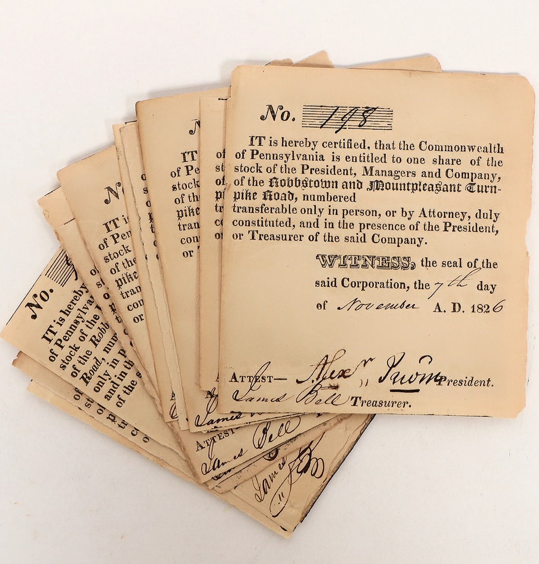 Turnpike Road Stock Receipts from 1820 (9) [192498]: Robbstown and Mount Pleasant Turnpike stock receipts in the Commonwealth of Pennsylvania (9). These are dated November 7, 1820 and measure a mere 4"x 4" and are all signed by the president of the comp