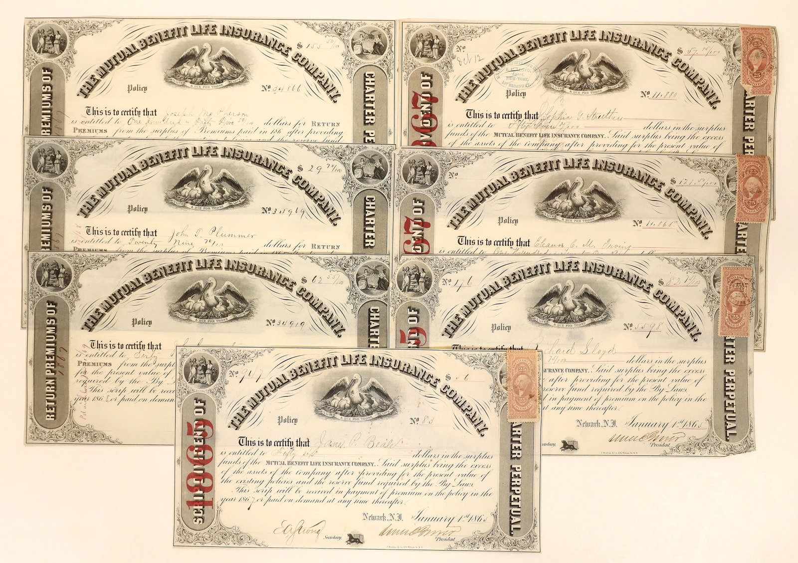 Mutual Benefit Life Insurance, 3 Different 1860's, 6 Total [191092] (1 of 1)