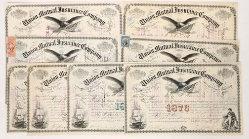 Union Mutual Insurance Stocks with Overprints, 8, 1864-76 [192295]