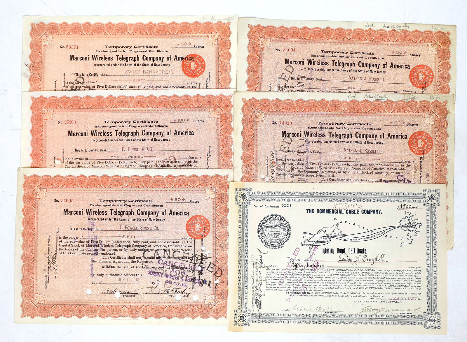 Commercial Cable Co & Marconi Wireless Telegraph Early Stocks, 6 [191172] (1 of 1)