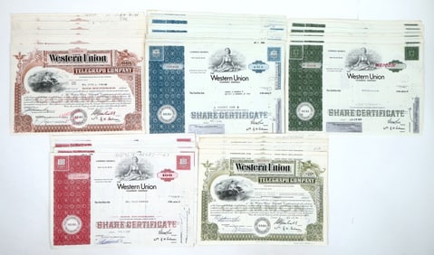 Western Union Telegraph Stocks, 5 Different, 46 Total. [191154]