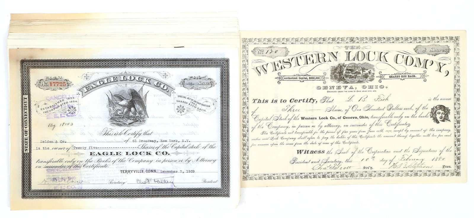 Western Lock & Eagle Lock Stocks, 15 [191147]: All issued. 1880 Western Lock Com'y, Geneva, Ohio and 14x Eagle Lock, Terryville, Conn.^Date: Country(if not USA): State: City: Provenance: Ken Prag Collection
