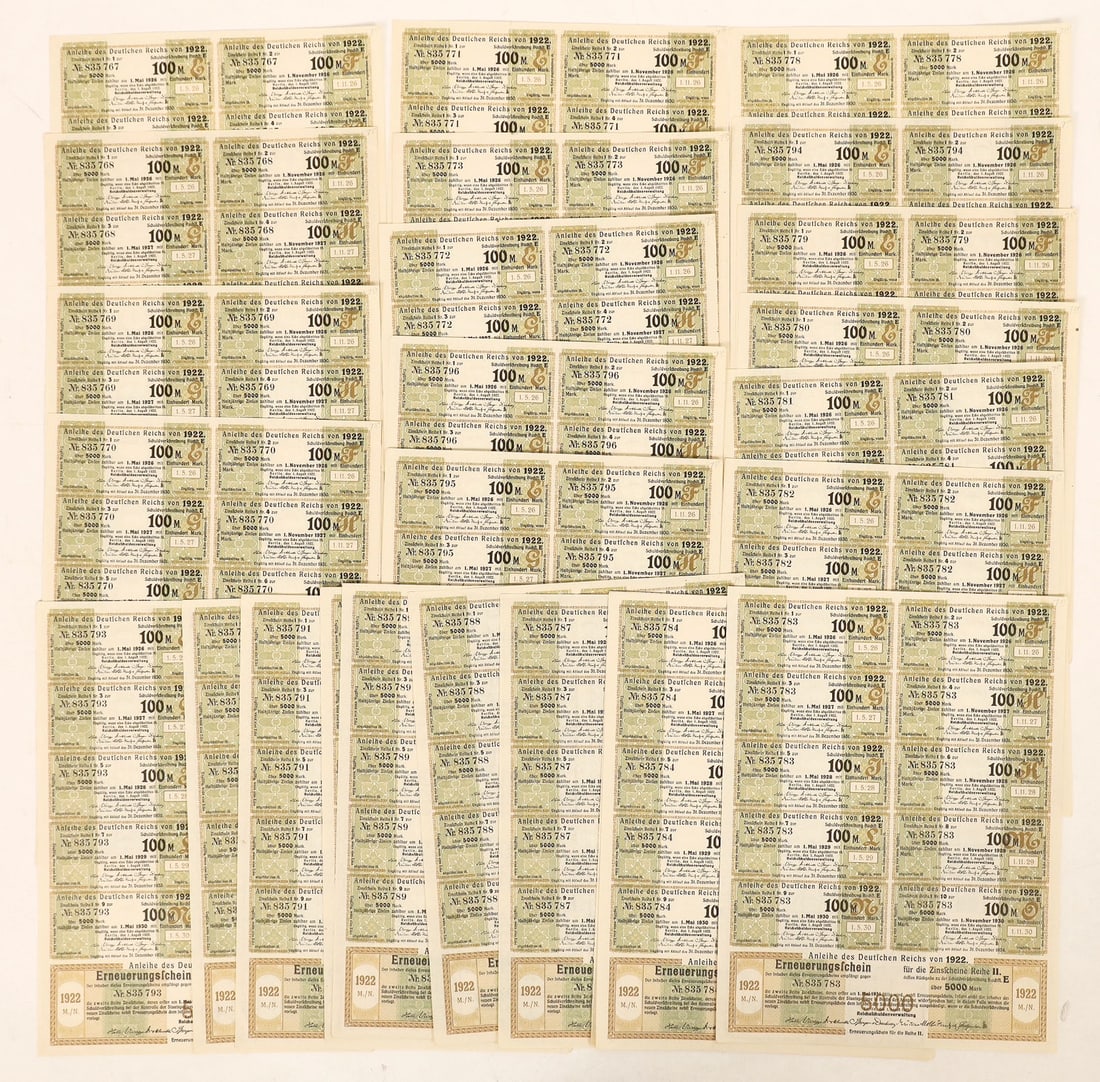 Coupons of German Empire 1922 Bonds [183522]: Lot of 30. All I/U, in exc. cond. 5000 mark bonds to raise monies for war reparations. Embossed stamped single head eagle coat of arms. Consecutive numbers 835 767-796., no vignettes, only the coupons