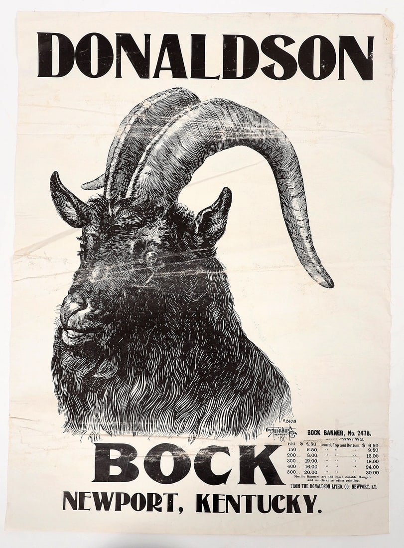 Donaldson Co. Bock Beer Hanger [194369]: A salesman sample from the Donaldson Lithograph Company displaying an advertisement design to be sold to Bock beer manufacturers. The sample is a large muslin wall hanger featuring the imposing head o
