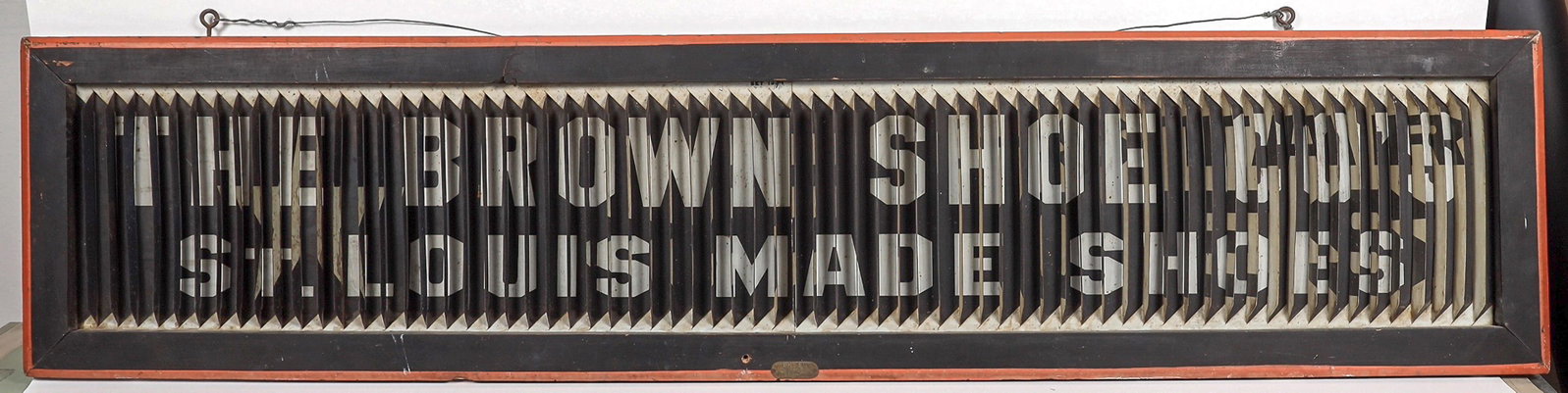 'Triple Sign' Optical Illusion Advertisement, late 1800s [194144]: This lot contains a lenticular metal sign for the Brown Shoe Company that hung inside Crescenzo Dry Goods, a historic business once located in the small town of Austin, Nevada. John A. Crescenzo, an A