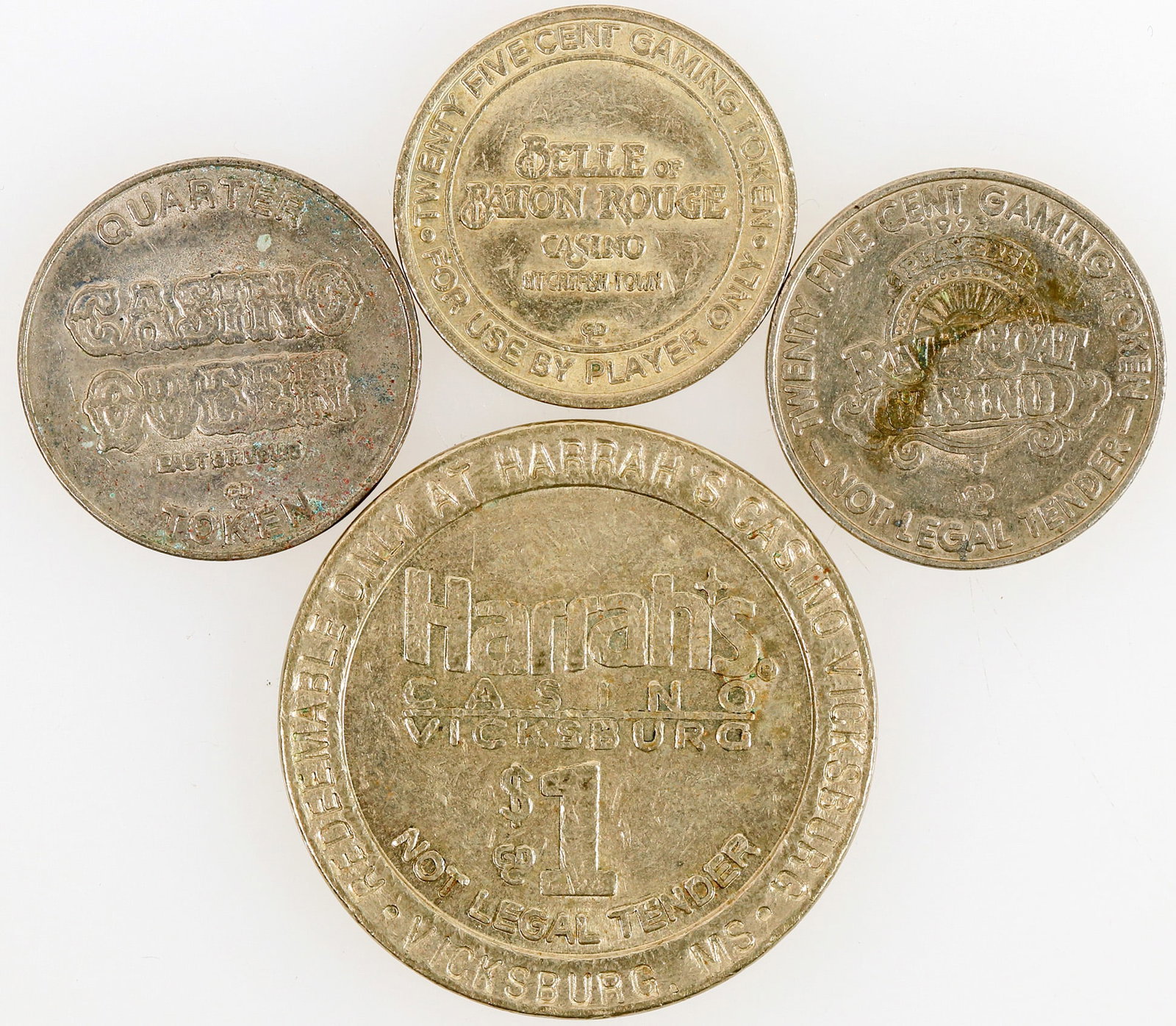 River Casino Tokens, 4 [196291]: 4 riverboat casino tokens. Harrah's Vicksburg, Casino Queen E. St. Louis IL, Belle of Baton Rouge, Riverboat Casino, Metropolis IL.^Date: Country (if not USA):State: City: Provenance: PLEASE NOTE: We 