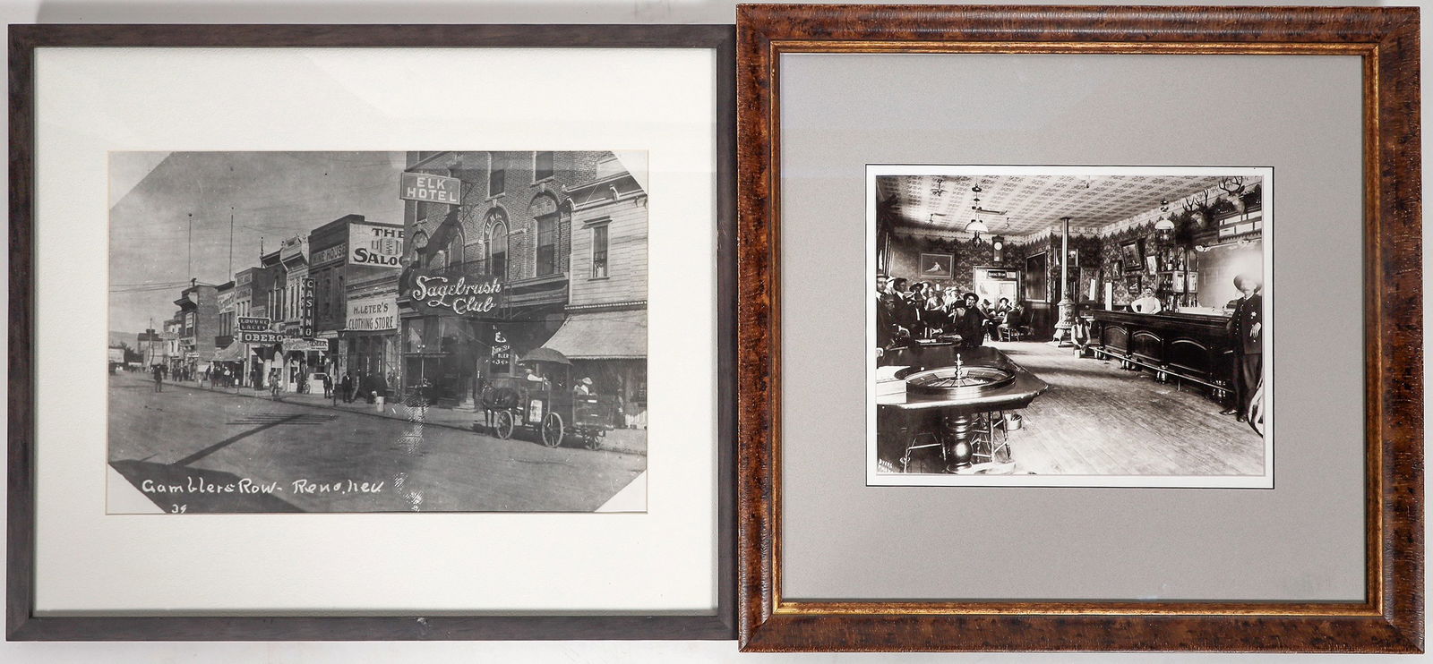 Antique Gambling Photograph (c. 1905) Reprints [194402]: Enlarged reprints of 2 antique gambling photographs, both framed and matted. Original photographs both date c. 1905. One pictures an unnamed gaming saloon with a roulette table in the foreground (24 x