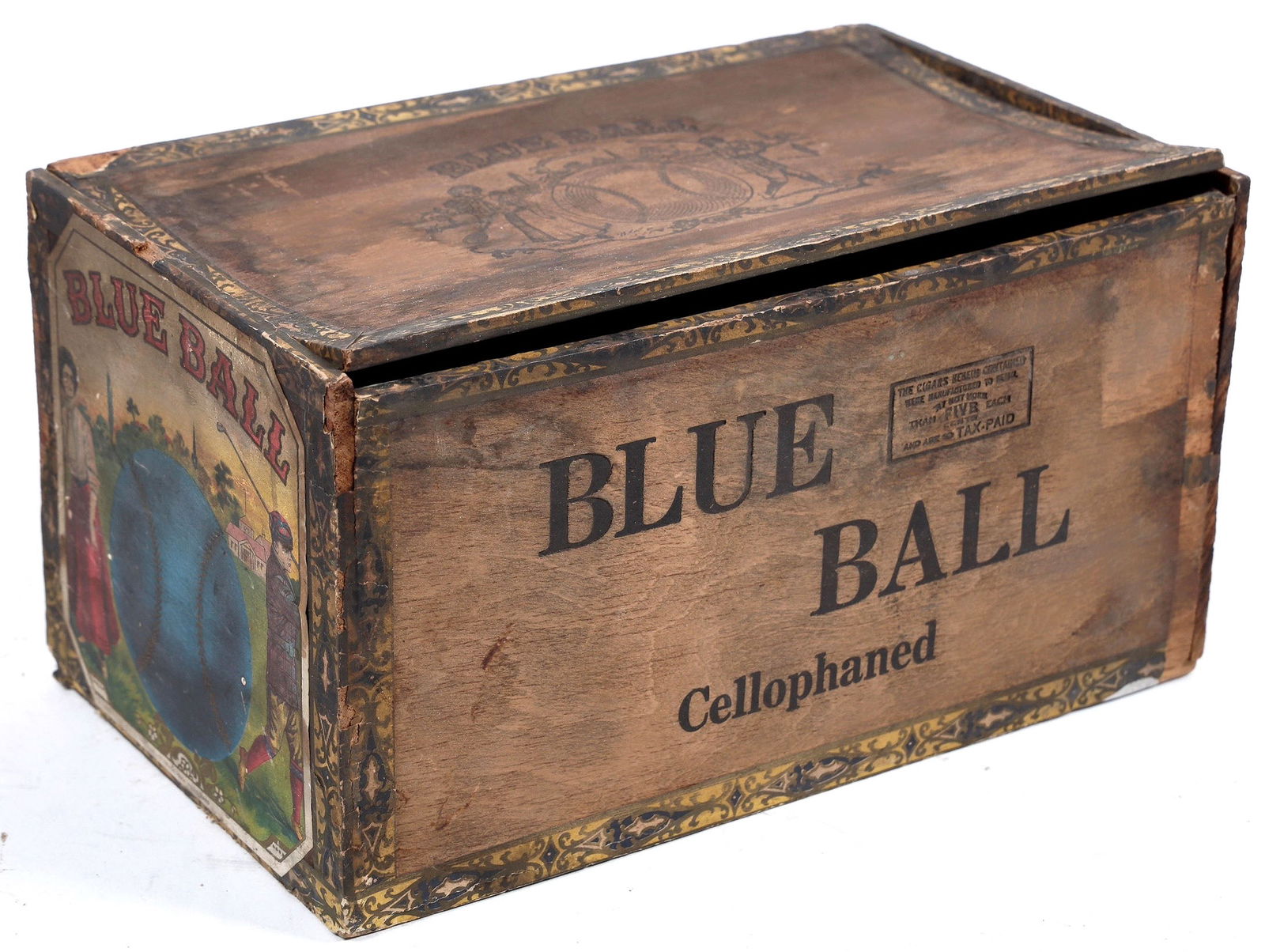 Blue Ball Cigar Box [196488]: Lot 1: Blue Ball Cigar Box. Multi Sport Themed. Blue Ball insignia inside box, featuring tennis and golf. Imprinted on the side. ^ Date: 1900's Country (if not USA): State: City: Provenance: PLEASE NO