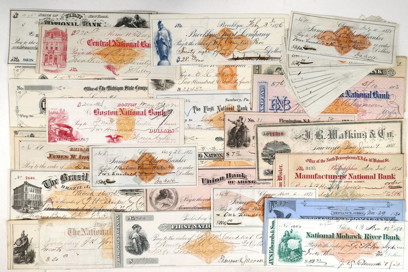 US Imprinted Revenue (RN) Check Group (38) [196054]: Lot of 38. RN-B, RN-C, RN-D, RN-F, RN-G, RN-X. Not the usual RNs we come across. Includes: North Pennsylvania RR Co., RN-F,, 1874; 14 James M. Adsit, Chicago, RN-D, 1874-75; Bismark National Bank, RN-