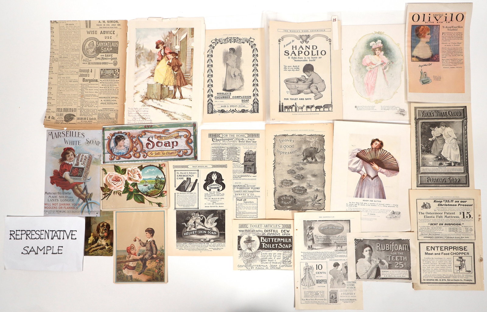 Advertising and Toiletries Tradecard Collection [194655]: About 30 vintage toiletries advertisements and tradcards plus 2 small preproduction soap wall signs.^Date: Country (if not USA):State: City: Provenance: PLEASE NOTE: We assume lots have been viewed in