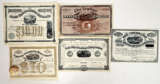 Five Different Good 1880s Colorado Mining Stock Certificates [195727]