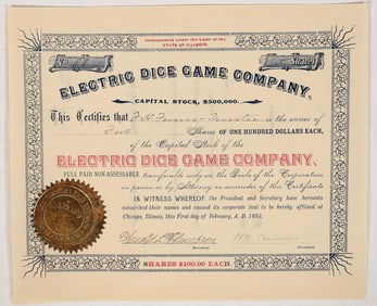 Electric Dice Game Co. Stock, 1893 [192542]