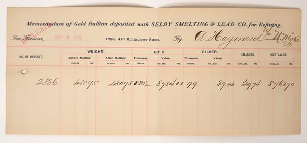 1889 Calaveras County Assay Receipt for Alvinza Hayward (Bank of California, Comstock) [192871]