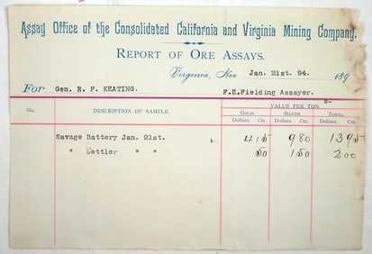 Ore Assay from Consolidated California and Virginia Mining Co. c.1894 [194549]