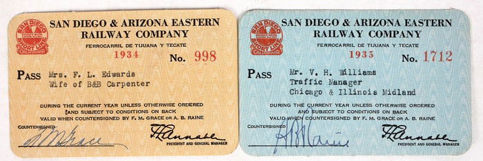 San Diego & Arizona Eastern Railway Co. Annual Pass Pair [195738]