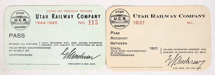 Utah Railway Company Annual Pass Pair [195739]
