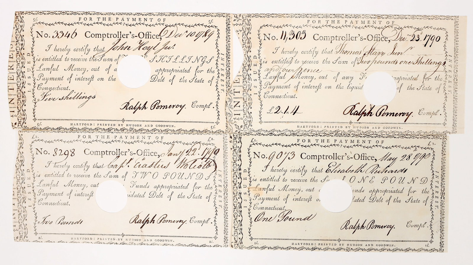 Continental Currency (4) [194321]: Four pieces of Connecticut continental currency signed by Ralph Pomeroy, comptroller. One dated 1789, three 1790. Each about 6 x 3 1/2 inches, with center hole cancellations. Issued to Thomas Starr Jr