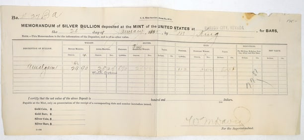 Carson City Mint Assay Document  c.1915 [194548]