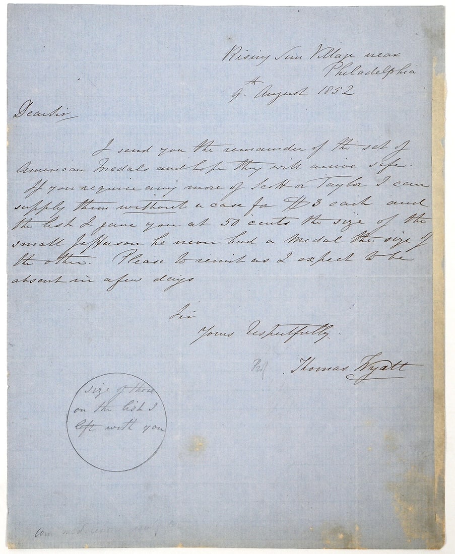 Thomas Wyatt 1852 Letter Regarding Medals [196363] (1 of 2)