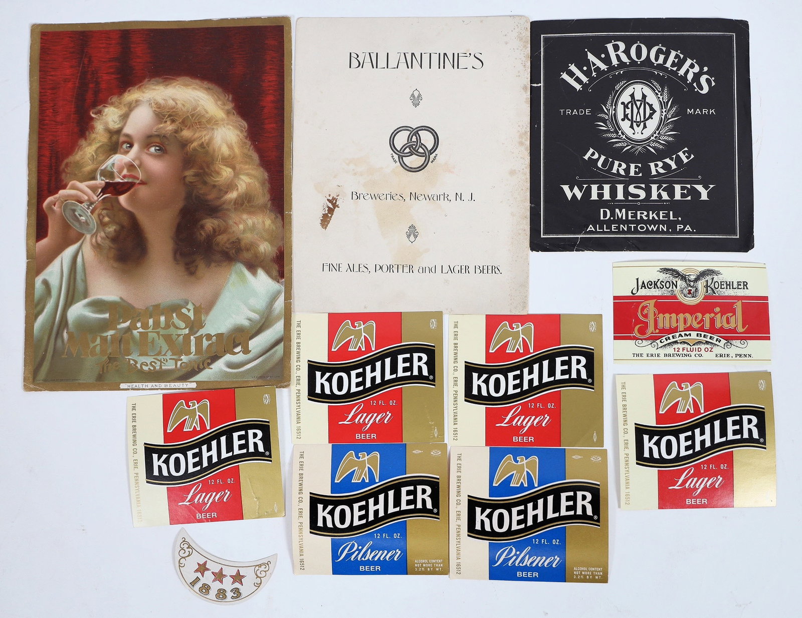 Brewing Company Ephemera [194869]: Lot of 11. Includes Pabst Malt Extract (woman drinking , large cars), Ballantine's NJ, H. A. Rogers Pure Rye Whiskey, Koehler Lager by Erie Brewing Co ( still in business).^Date: 1899Country (if not U