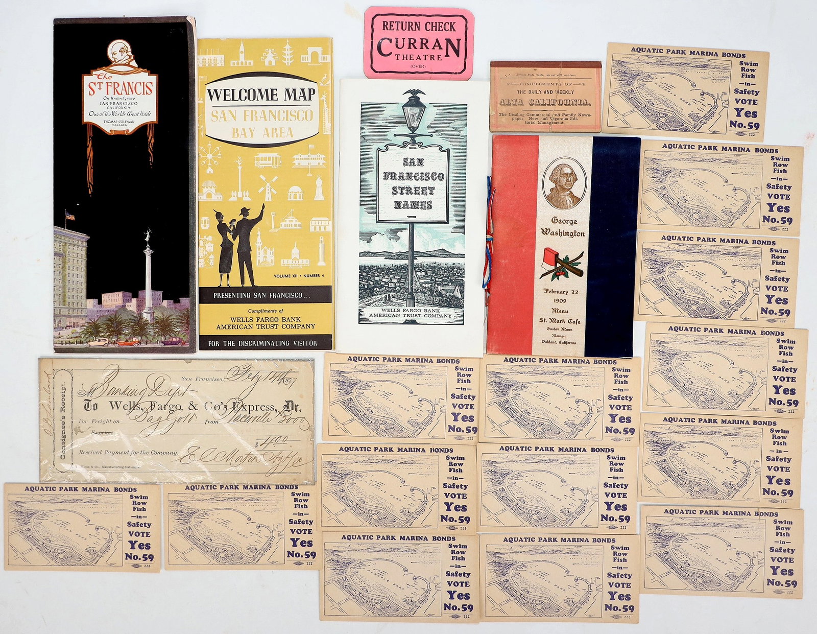 San Francisco Ephemera Group [195460]: Lot of 20. Includes: 1877 Wells Fargo receipt for a bag of gold shipped from Placerville; George Washington Birthday menu, 1909, for St. Mark Cafe in Oakland; return check for the Curran Theatre; smal