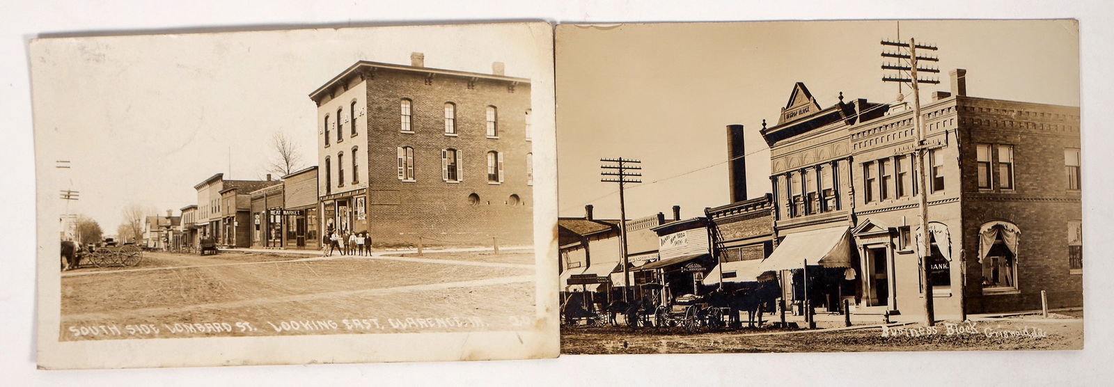 Iowa Horse & Buggy Street Scene RPC Pair [194718]: 2 c. 1906-08 pre automobile Iowa street scenes. Griswold and Clarence with stain.^Date: Country (if not USA):State: IowaCity: Provenance: PLEASE NOTE: We assume lots have been viewed in person and/or