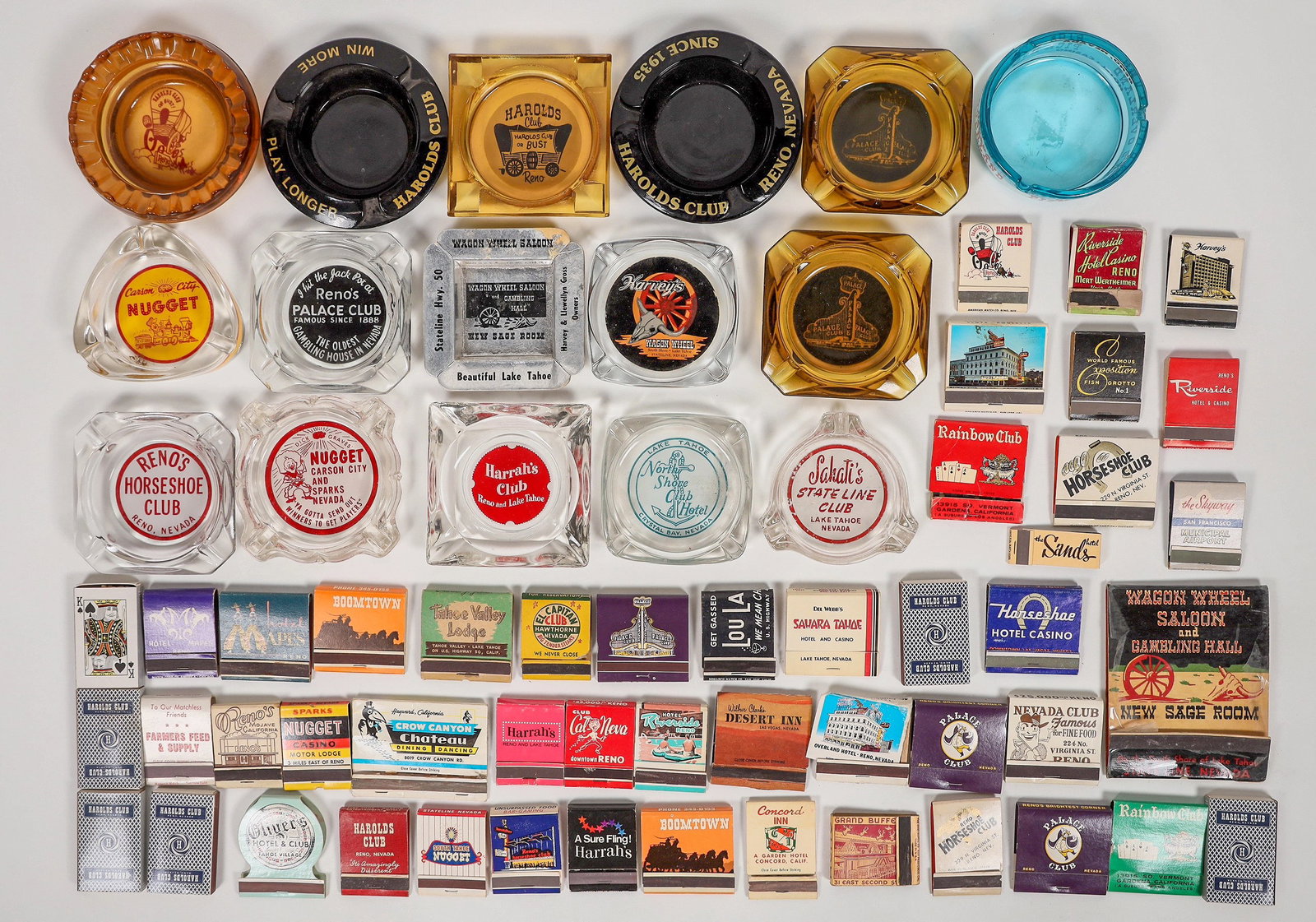 Reno Area Casino Ashtray & Matchbook Collection [194158]: About 15 vintage glass ashtrays and dozens of matchbooks from Reno area casinos. Harrah's Club, Carson City Nugget, Harolds Club, State Line Club etc. See photo. ^Date: Country (if not USA):State: Nev