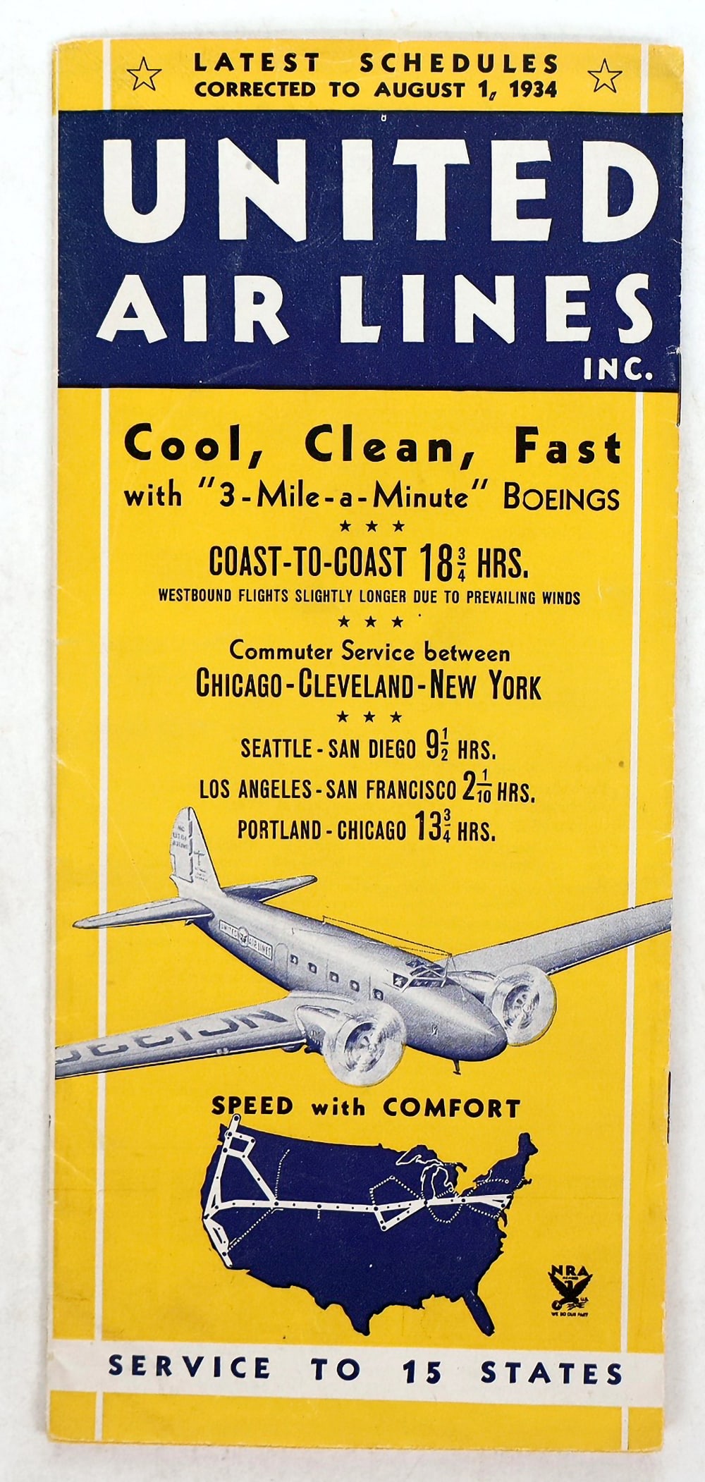 United Air Lines Brochure, 1934 [195444]: Rare early 1934 airline brochure for United Air Lines which began service in 1931. Blue, white, and yellow. Service to 15 States. Includes fares and a route map. 9 x 4"^Date: 1934Country (if not USA):