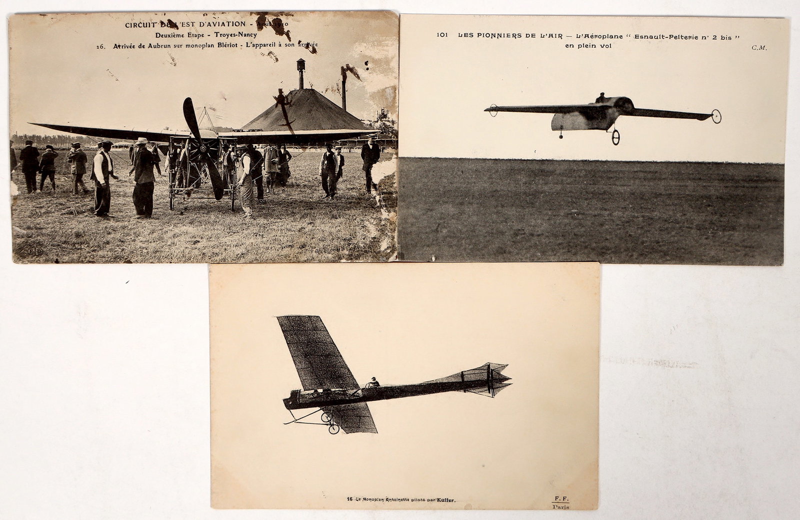French Historical Mono Wing Airplane Postcards, 3 [194815]: 3 French historical mono wing aircraft postcards, ground card has damage.^Date: Country (if not USA):State: City: Provenance: PLEASE NOTE: We assume lots have been viewed in person and/or condition qu