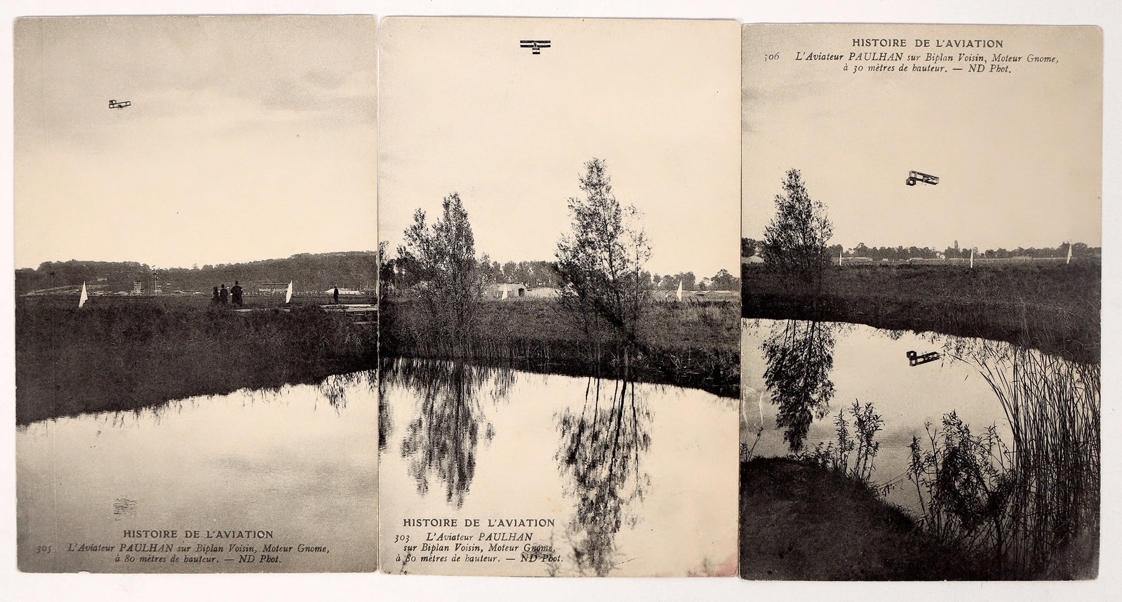 French History of Aviation Series Postcards, 3 [194817]: 3 French c. 1909 history of aviation biplane postcards.^Date: Country (if not USA):State: City: Provenance: PLEASE NOTE: We assume lots have been viewed in person and/or condition questions have been 