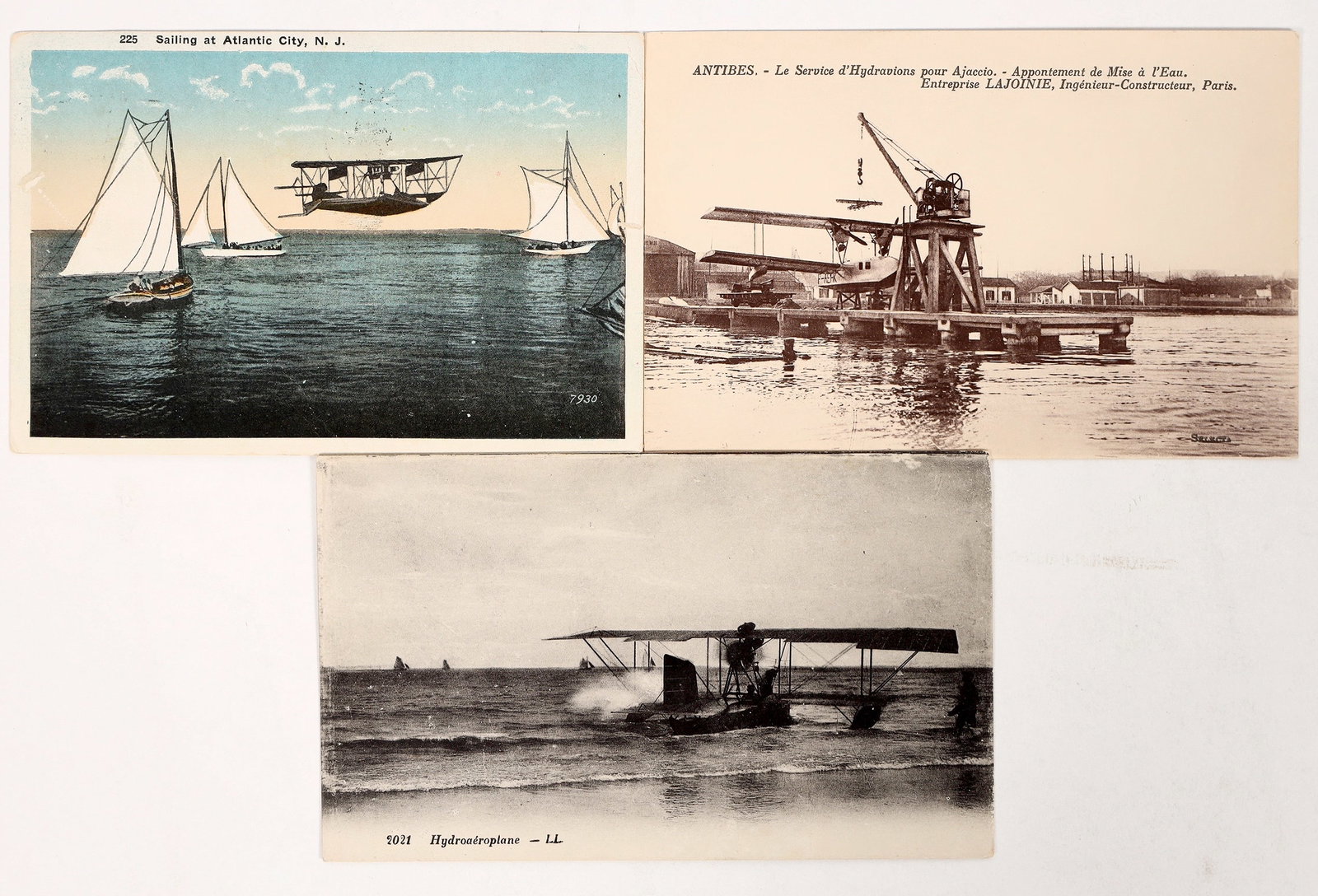 Early Seaplane Postcard Trio [194816]: Three early sea plane postcards. c. 1909 French and chromolitho at Atlantic City, NJ with light damage. ^ Date: Country (if not USA): State: City: Provenance: PLEASE NOTE: We assume lots have been vie