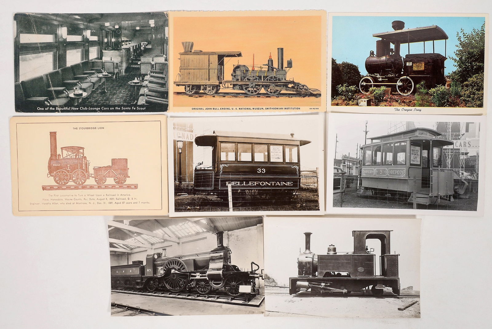 Early Railroad Display Early Engine & Cars Postcards, 8 [194709]: 8 post 1925 postcards with some RPC's of early engine and railroad cars. Oregon Pony, John Bull engine, Santa Fe Scout, Bellefontaine etc.^Date: Country (if not USA):State: City: Provenance: PLEASE NO